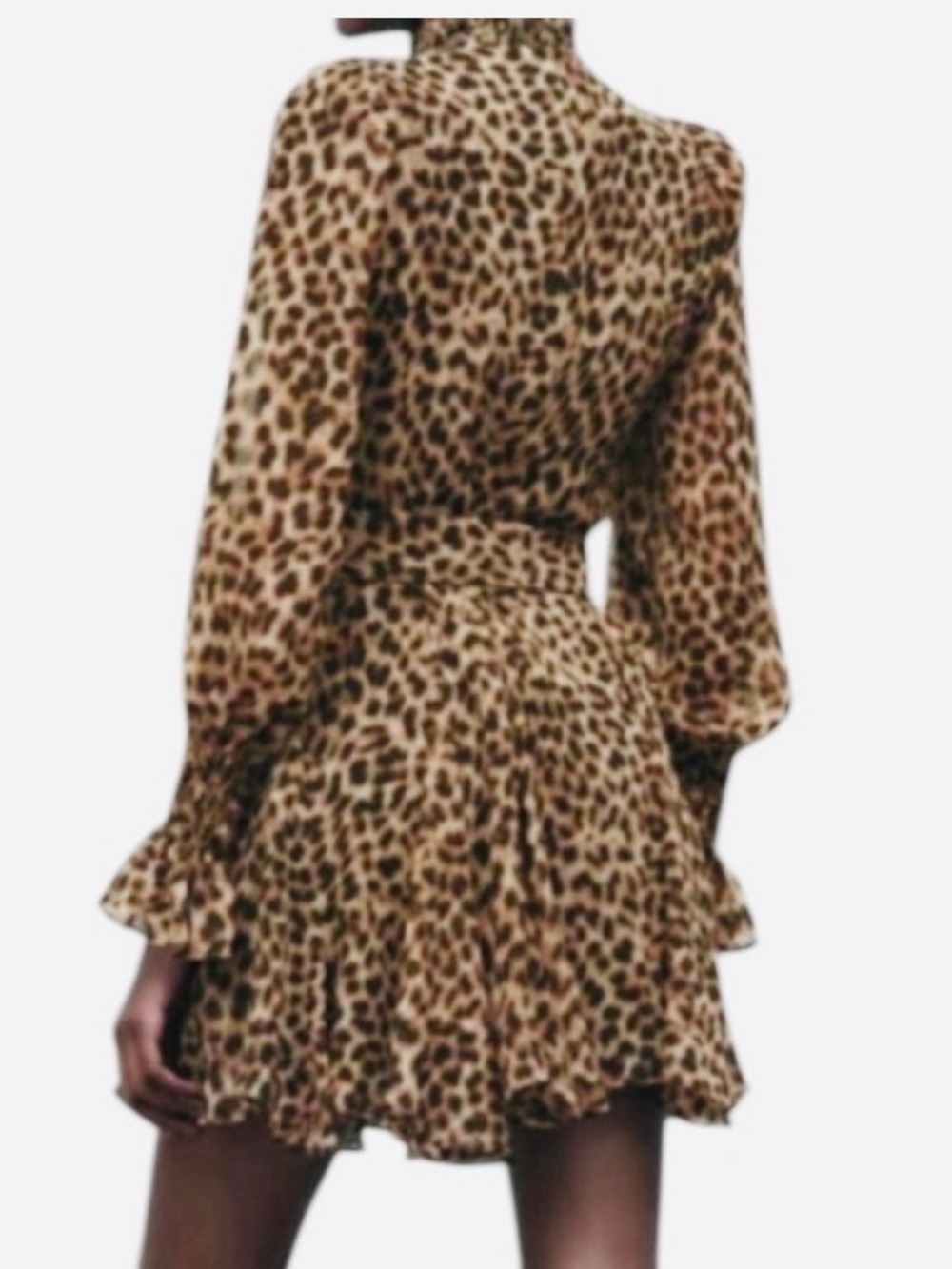 ZARA Leopard Animal Print Peasant Mini Dress Bishop Sleeves Belted Size NWT - Picture 2 of 7